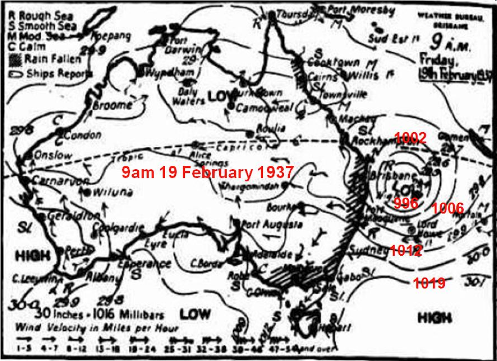 Stinson Cyclone, 1937 - mean sea level analysis 9am 19 Feb